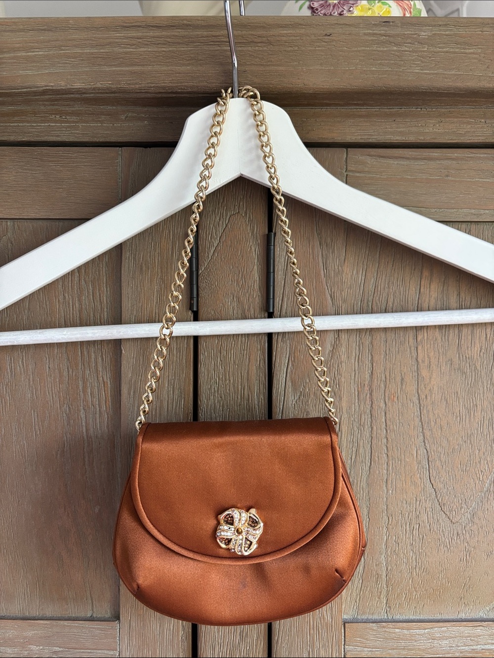 Judith Leiber Satin Mini Bag with Gold Chain - Copper Brown